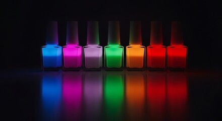 Row of Six Glowing Nail Polish Bottles with Neon Rainbow Colors Reflecting on a Dark Surface