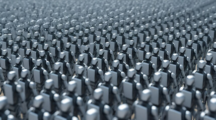 Army of robots. A crowd of cyborg workers marching in formation. 3D render