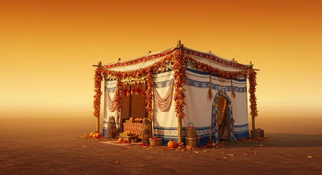 Sukkot Festival banner background, decorated sukkah on autumn gradient 