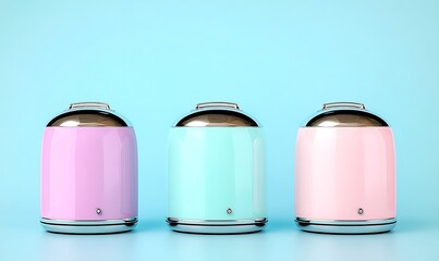 Pastel Colored Modern Kitchen Appliances on Blue Background in Minimalist Composition