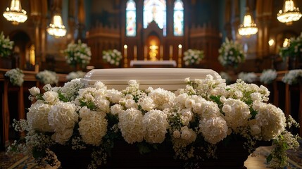 Funeral service with elaborate floral arrangements