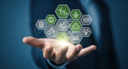 Sustainable business growth icons held in hand symbolize future innovation and green solutions