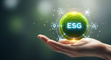 Sustainable business growth concept with hand holding green earth and ESG icons