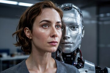 A Realistic Portrait of a Beautiful Woman Alongside Her Identical Android or AI Avatar, Digital Identity and Robotics. Technology and Personal Avatars in the Metaverse