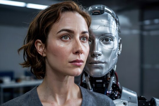 A Realistic Portrait of a Beautiful Woman Alongside Her Identical Android or AI Avatar, Digital Identity and Robotics. Technology and Personal Avatars in the Metaverse