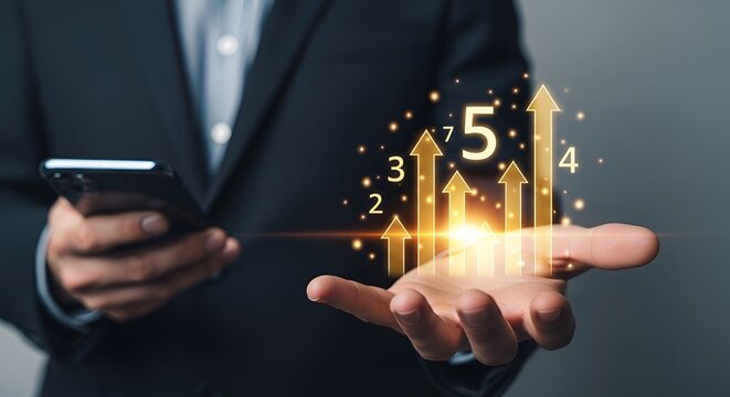 Businessman holding phone as golden growth arrows and numbers ascend from his open palm - Powered by Adobe