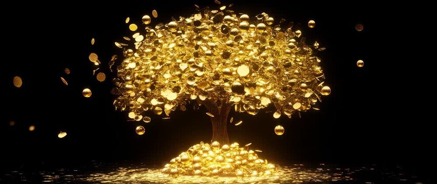 Golden trees bearing coins, symbolizing wealth and prosperity with dynamic coin fall animations on