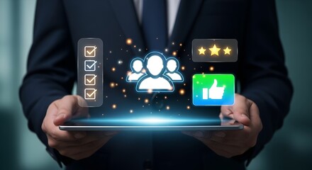 Man uses tablet showing customer feedback icons like stars, thumbs up, and checklist for positive reviews.