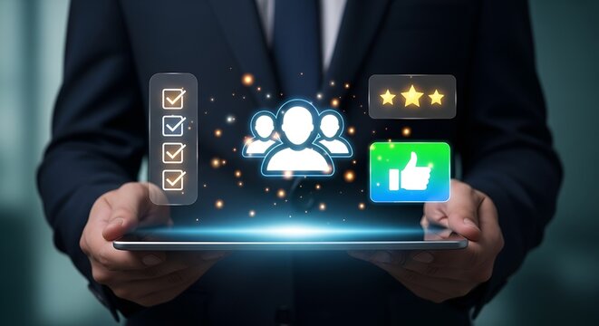 Man uses tablet showing customer feedback icons like stars, thumbs up, and checklist for positive reviews.