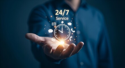 Reliable 24/7 customer support services offered with glowing icons and a clock in hand