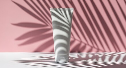 White Skincare Tube Mockup with Dramatic Palm Leaf Shadows on Soft Pink Background, Tropical Beauty