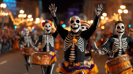 Colorful Dia de los Muertos Street Parade with Skeleton Drummers Wearing Vibrant Costumes and Celebrating Mexican Heritage through Music and Dance at Night Festival