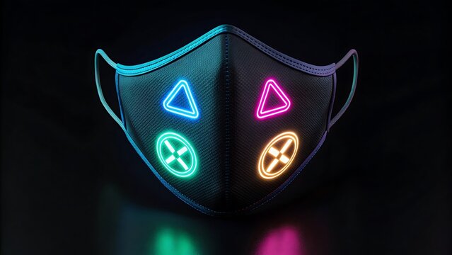 face mask glowing cyberpunk neon symbols