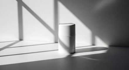 Modern White Deodorant Stick or Skincare Product Mockup with Window Light and Hard Shadows on White Background