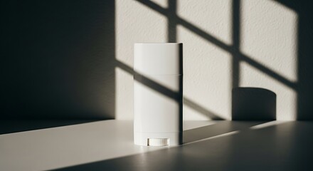 Elegant White Cosmetic Stick Product Mockup with Dramatic Window Shadows on a Clean White Surface