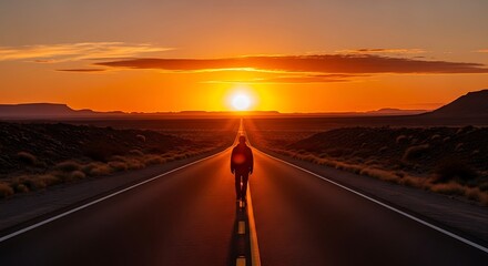 Majestic Sunset Over a Desert Road with a lone traveler walking into the golden light