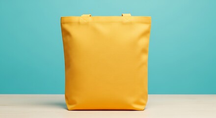 Empty Yellow Canvas Tote Bag Mockup on Light Wooden Surface Against a Clear Blue Wall Background
