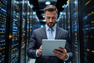 Business professional analyzing data on tablet in modern server room surrounded by illuminated storage units and digital interface panels. Ai generative