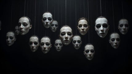 Suspended Masks Floating in Darkness, Representing Identity, Deception, Mystery, Emotions, Human Face, Faceless Figures, Concept of Concealment, Shadows, and the Symbolic Nature of Masks.