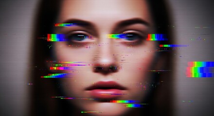 Close-up of a young woman with an abstract digital glitch effect.