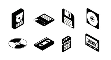 A set of eight black and white retro data storage media icons in a bold isometric glyph style