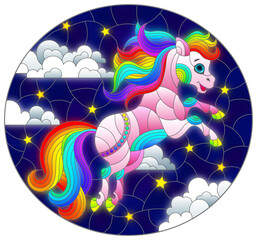 An illustration in the style of a stained glass window with a cute horse on the background of a night sky with stars and clouds