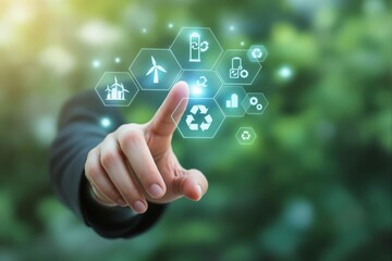 Business hand interacts with eco-friendly energy concept interface highlighting sustainability and recycling icons on digital screen in nature setting. Ai generative