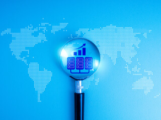 Data center growth concept with magnifying glass focusing on server icons and rising chart over digital world map on blue background, symbolizing cloud connection network, big data and IT expansion.