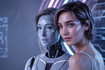 A Realistic Portrait of a Beautiful Woman Alongside Her Identical Android or AI Avatar, Digital Identity and Robotics. Technology and Personal Avatars in the Metaverse