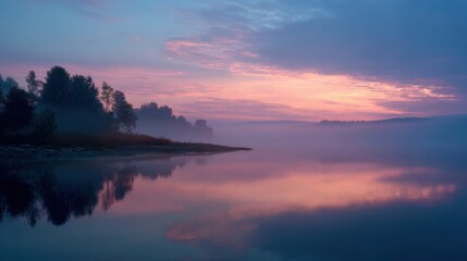 Obraz premium Fog Over a Lake with the First Light of Dawn Breaking