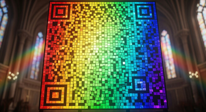 Rainbow-colored QR code on glass wall - Powered by Adobe