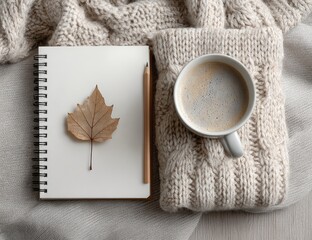 Cozy autumnal scene with notebook, coffee, and leaf