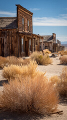 Old wooden buildings desert ghost town tumbleweed dry landscape under blue sky