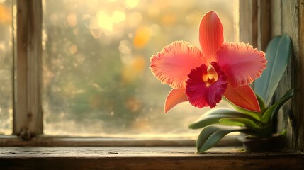 Vibrant orchid in a sunlit window