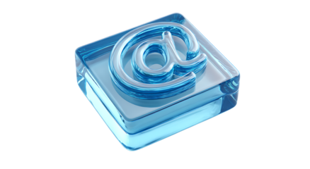 3d blue at symbol embossed on transparent ice cube for digital communication and networking isolated on transparent background