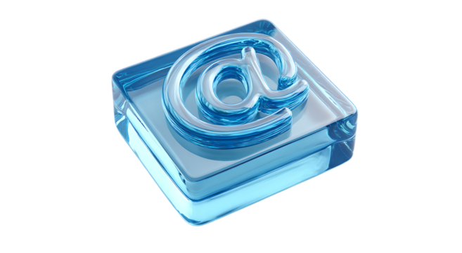 3d blue at symbol embossed on transparent ice cube for digital communication and networking isolated on transparent background - Powered by Adobe
