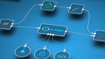 Closeup AI agent workflow with code input and automation process for machine learning system interface, looped animation - Powered by Adobe