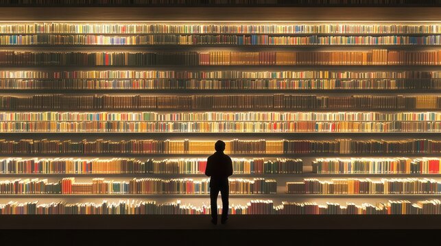 Lost in the World of Books: A Silhouette of a Person Before a Massive Bookshelf