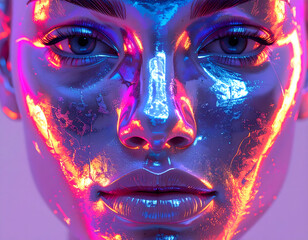 Close-Up of a Digital Metallic Face with Neon Light Reflections