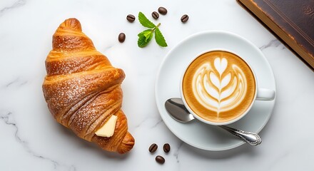 Captivating flat lay croissant and cappuccino delight on white marble