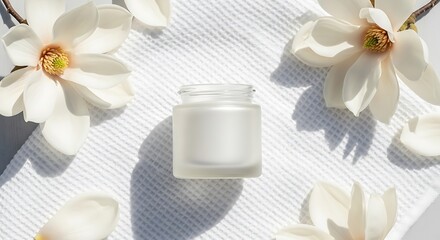 Clean beauty product concept featuring magnolia blossoms and soft shadows