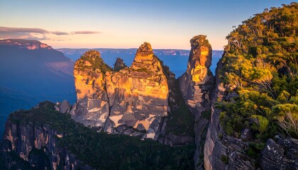 Scenic view of the Three Sisters rock formation at sunset.