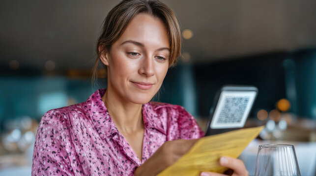 A woman uses a smartphone to scan a QR code on a menu