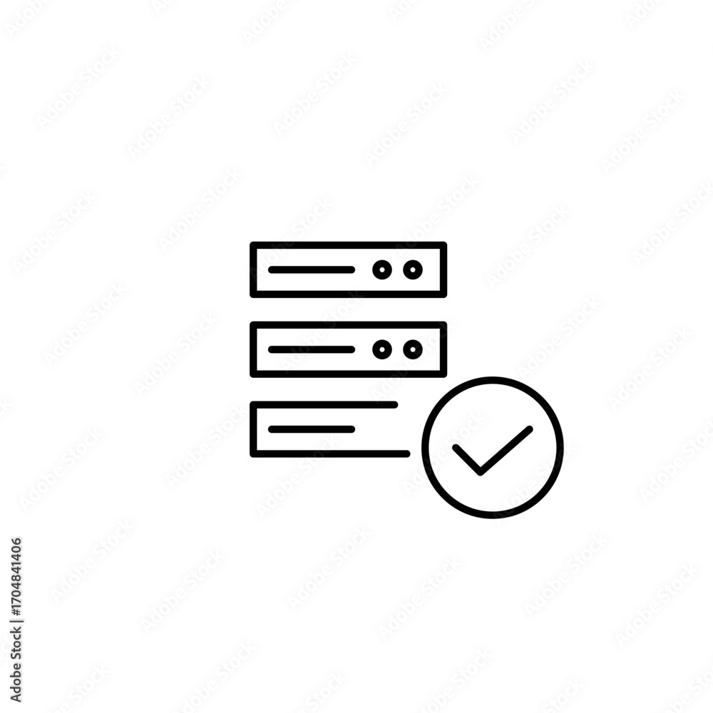 Poster server and checkmark. configuration approved, access granted. pixel perfect, editable stroke vector 