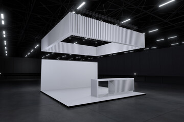 Obraz premium Exhibition stand for mockup and Corporate identity,Display design.Empty booth Design.Retail booth elements in Exhibition hall.booth Design trade show.Blank Booth system of Graphic Resources.3d render.