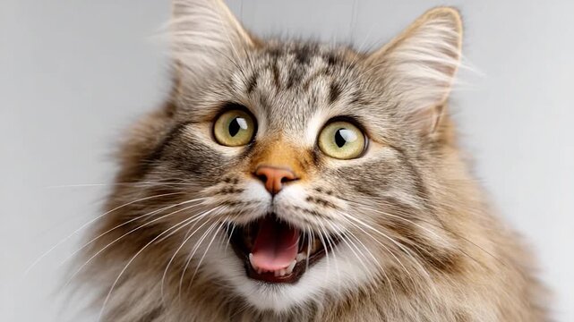 Fluffy tabby cat portrait. Wide open mouth, curious expression
