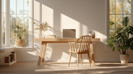 minimalist home office with laptop on wooden desk
