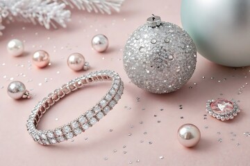 Sparkling Christmas Jewelry and Ornaments on Pink Background