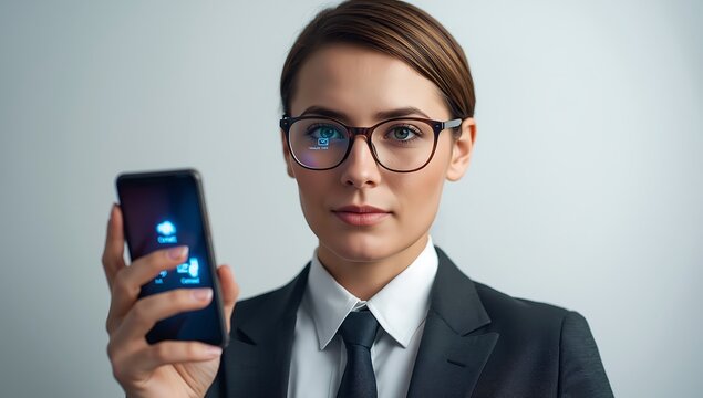 Futuristic businesswoman holds a smartphone with cloud technology icons reflected in her glasses