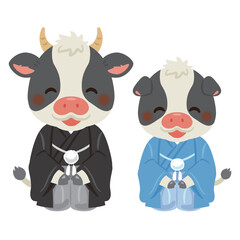 晴れ姿で笑顔な丑年のキャラクター　親子